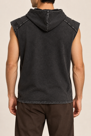 Rear view of Soft Static Hooded Tank in Black, showing the hood, shoulder seams and small distressed details.