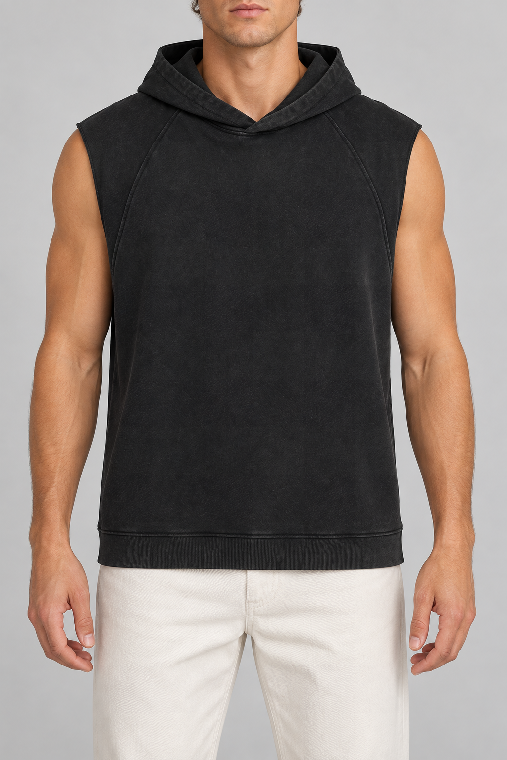 Front studio view of Quiet Drift Sleeveless Hoodie in Black, showing the plain washed fabric and curved panel seams.