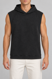 Front studio view of Quiet Drift Sleeveless Hoodie in Black, showing the plain washed fabric and curved panel seams.