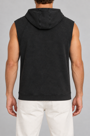 Rear view of Quiet Drift Sleeveless Hoodie in Black, showing the three-panel hood, plain back and ribbed hem.