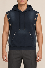 Front studio view of Night Current Sleeveless Hoodie in Navy Blue, showing metal eyelets, drawstrings and the studded pocket.