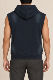 Rear view of Night Current Sleeveless Hoodie in Navy Blue, showing the plain sun-faded back, hood and ribbed hem.
