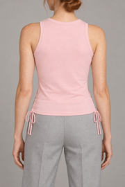 Rear studio view of Soft Tie Tank in Pink, showing the plain back and matching ties at both sides.
