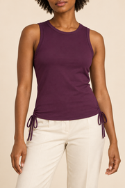 Front studio view of Soft Tie Tank in Plum Purple, showing the plain fitted shape and matching side bows.