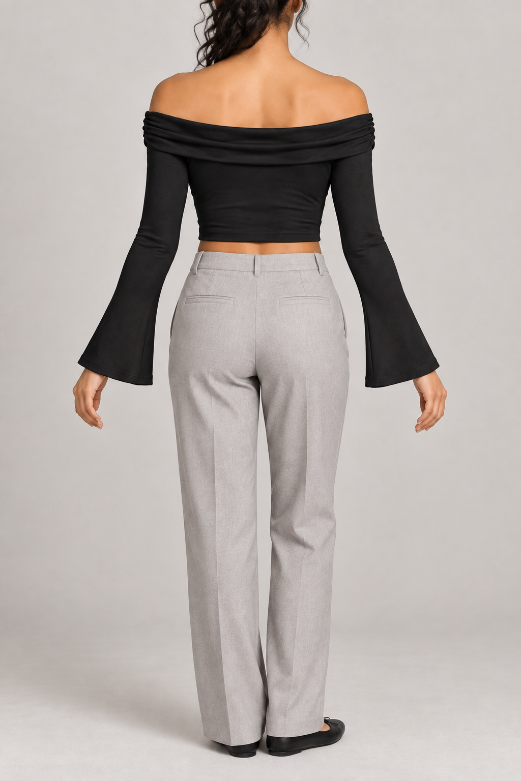 Quiet Fold Bell Sleeve Top in Black. Rear view showing the plain cropped back and draped neckline.