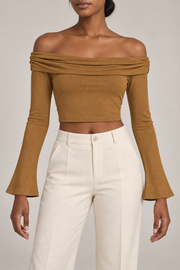 Quiet Fold Bell Sleeve Top in Brown. Front view showing the folded neckline and long bell sleeves.