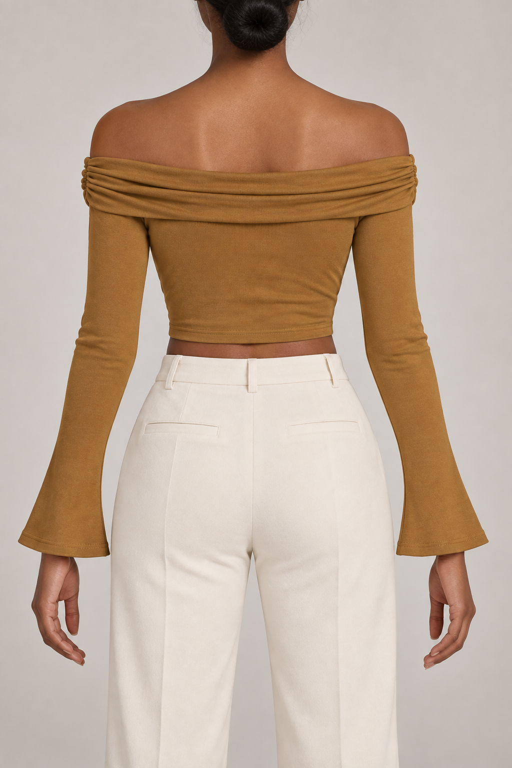 Quiet Fold Bell Sleeve Top in Brown. Rear view showing the plain cropped back and pleated neckline.