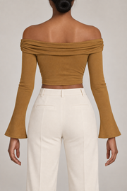 Quiet Fold Bell Sleeve Top in Brown. Rear view showing the plain cropped back and pleated neckline.