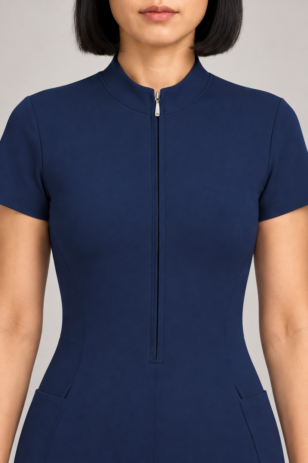 Contour Flare Zip Jumpsuit in Royal Blue. Close-up studio view showing the matching zipper, mock collar and smooth dark blue fabric.