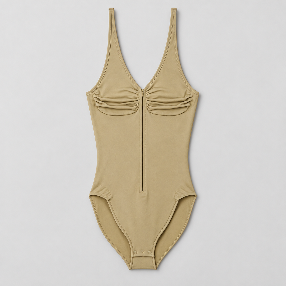 Soft Gather Zip Bodysuit in Khaki. Front flat-lay studio view showing the ruched V-neckline, matching center zipper and snap base.