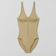 Soft Gather Zip Bodysuit in Khaki. Front flat-lay studio view showing the ruched V-neckline, matching center zipper and snap base.