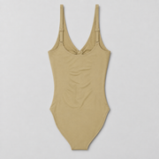 Soft Gather Zip Bodysuit in Khaki. Rear flat-lay studio view showing the plain back and adjustable shoulder straps.