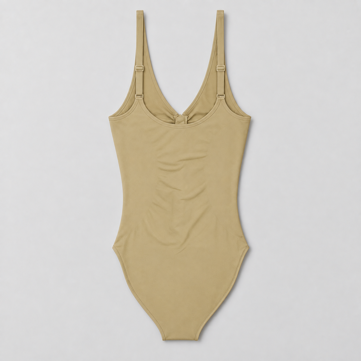 Soft Gather Zip Bodysuit in Khaki. Rear flat-lay studio view showing the plain back and adjustable shoulder straps.