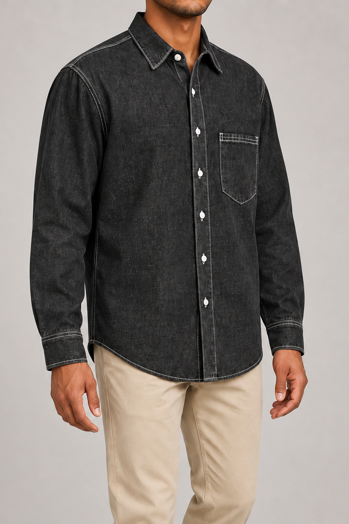 Worn Line Denim Shirt in Black