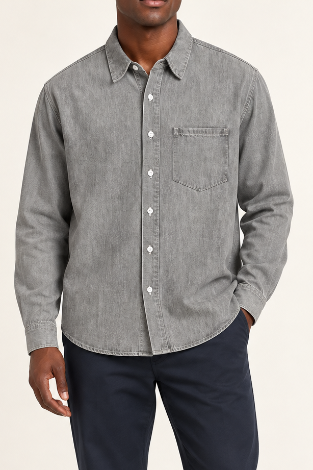 Worn Line Denim Shirt in Light Gray
