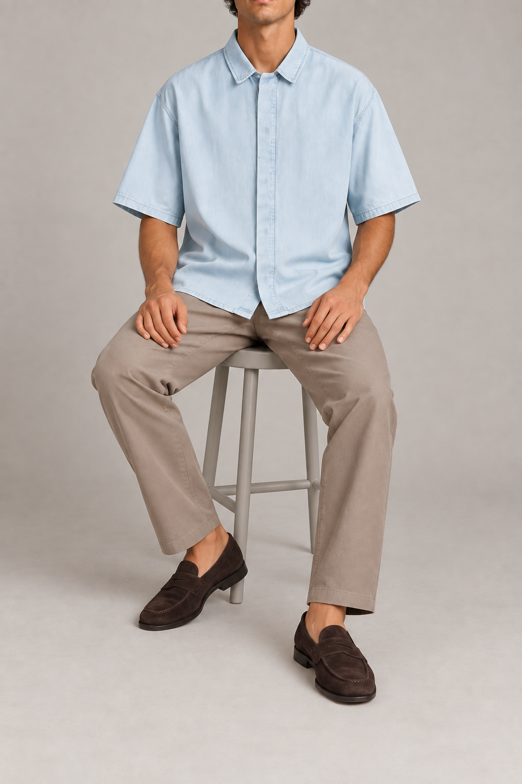 Seated view of Pale Current Lyocell Shirt in Light Blue, showing the loose plain shape and soft fabric drape.