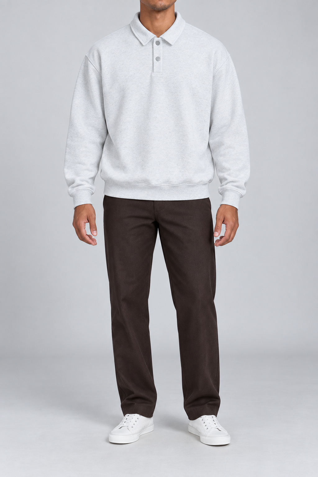 Quiet Club Polo Sweatshirt in Flower Gray. Front view showing the plain heathered body and two-button polo collar.
