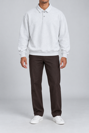 Quiet Club Polo Sweatshirt in Flower Gray. Front view showing the plain heathered body and two-button polo collar.