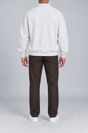 Quiet Club Polo Sweatshirt in Flower Gray. Rear view showing the plain back, dropped shoulders and ribbed hem.