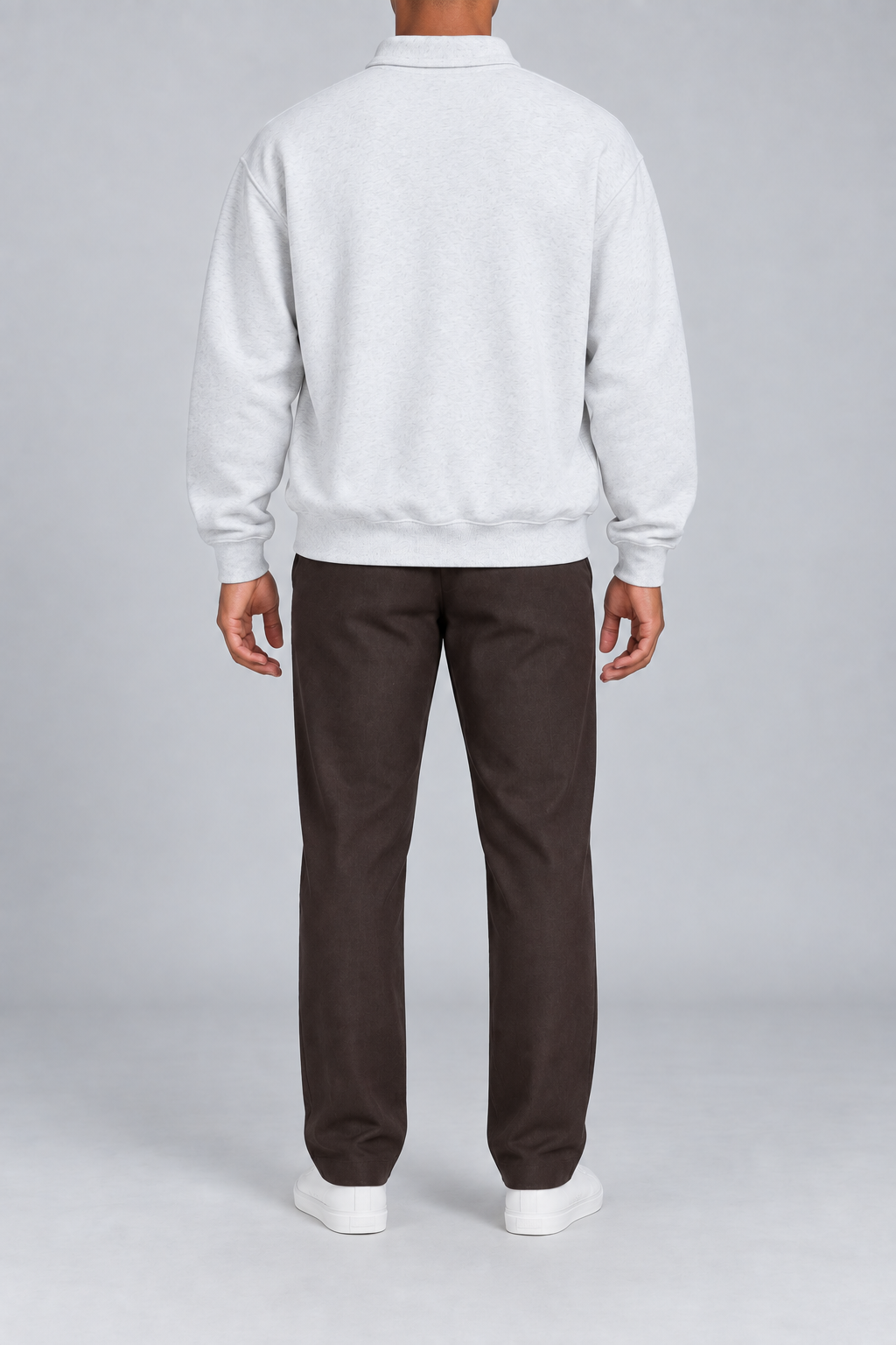 Quiet Club Polo Sweatshirt in Flower Gray. Rear view showing the plain back, dropped shoulders and ribbed hem.