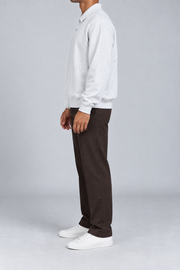 Quiet Club Polo Sweatshirt in Flower Gray. Side view showing the relaxed silhouette and ribbed cuffs and hem.