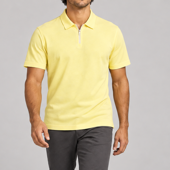 Clean Interval Zip Polo in Light Yellow. Walking view showing the loose fit and smooth drape.