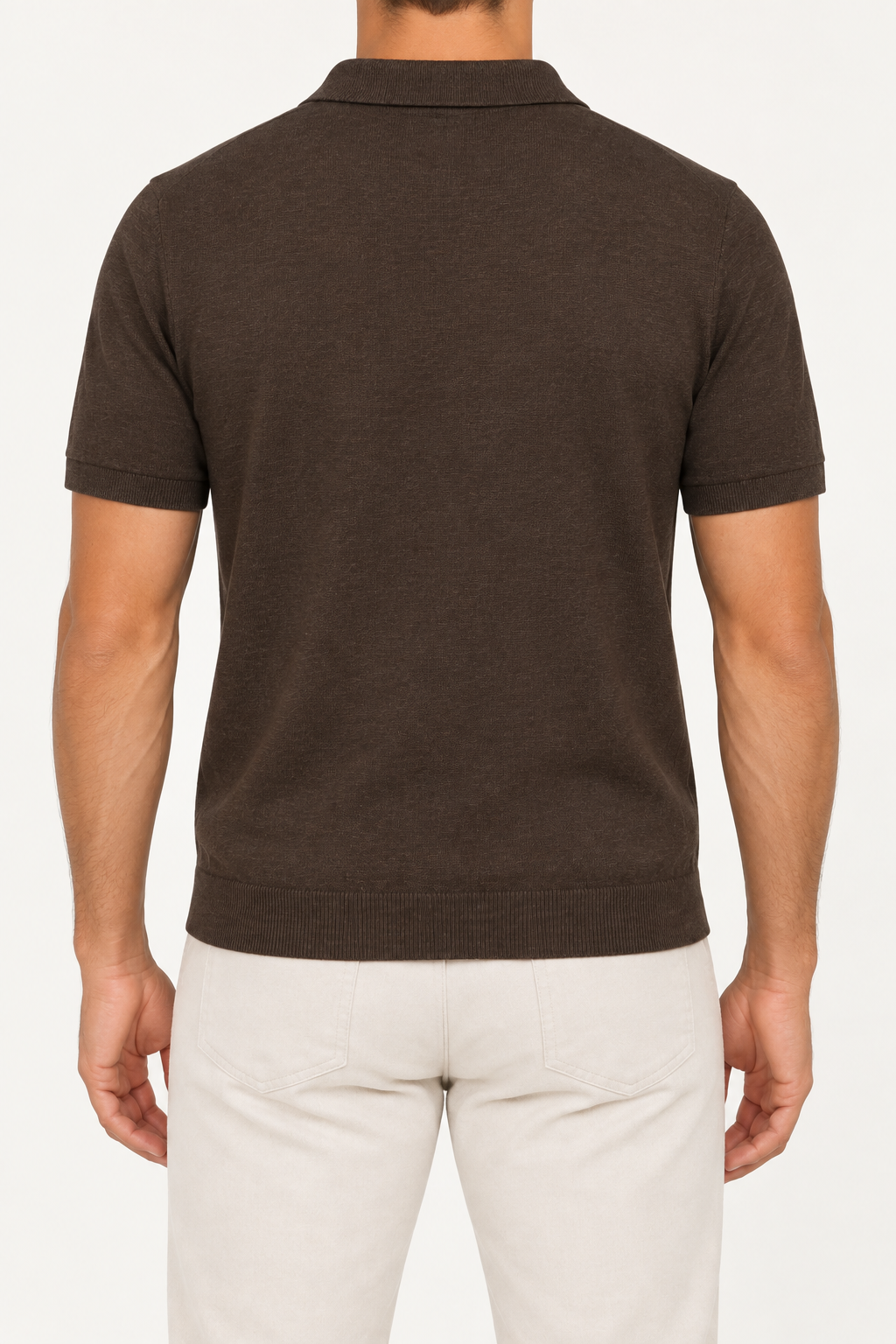 Rear studio view showing the plain back and short sleeves of Still Hour Knit Polo in Dark Brown.