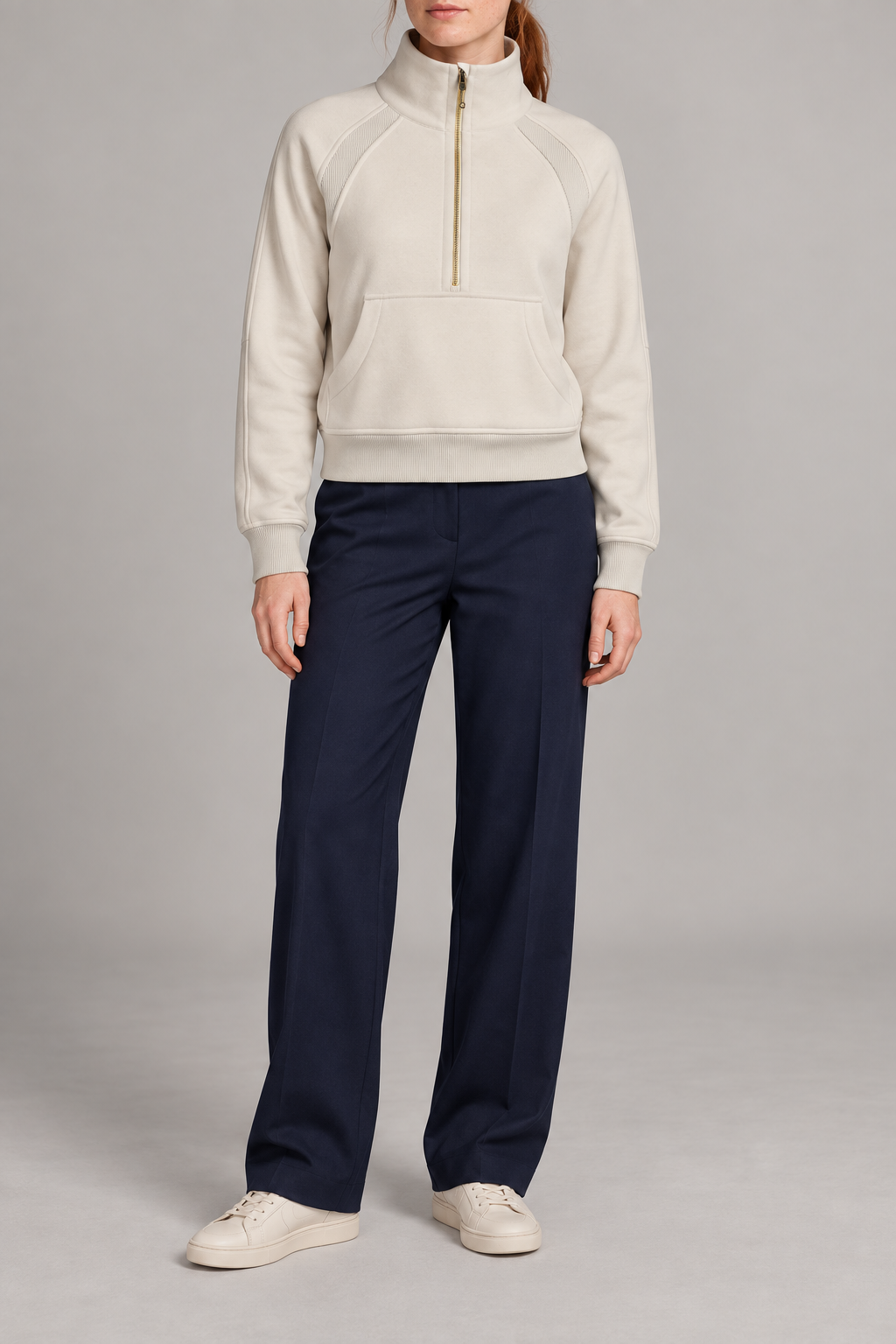 Front studio view showing the gold-tone half zip and kangaroo pocket of Curve Interval Half-Zip Sweatshirt in White.