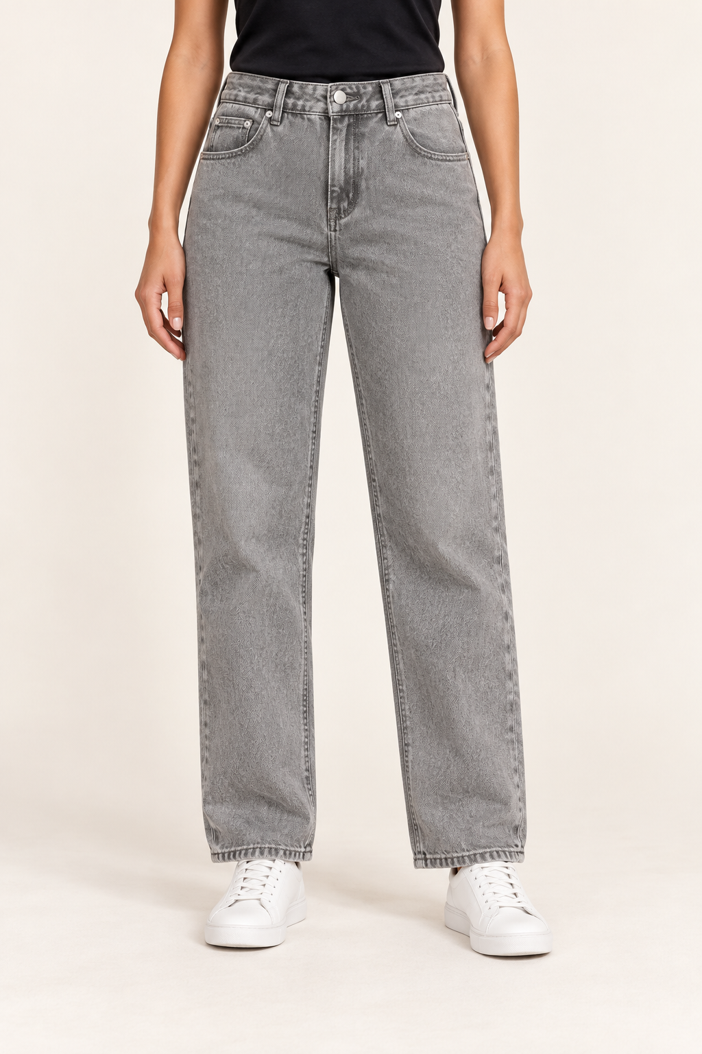 Worn Rhythm Straight Jeans in Light Gray. Front studio view showing the loose straight legs and washed light gray denim.