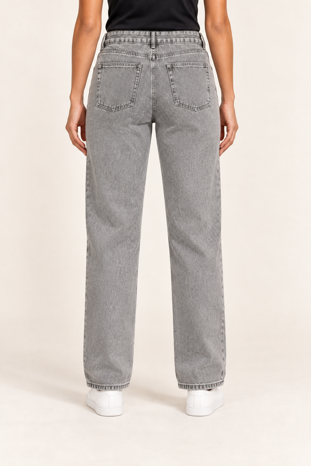Worn Rhythm Straight Jeans in Light Gray. Rear studio view showing two plain patch pockets and tonal stitching.