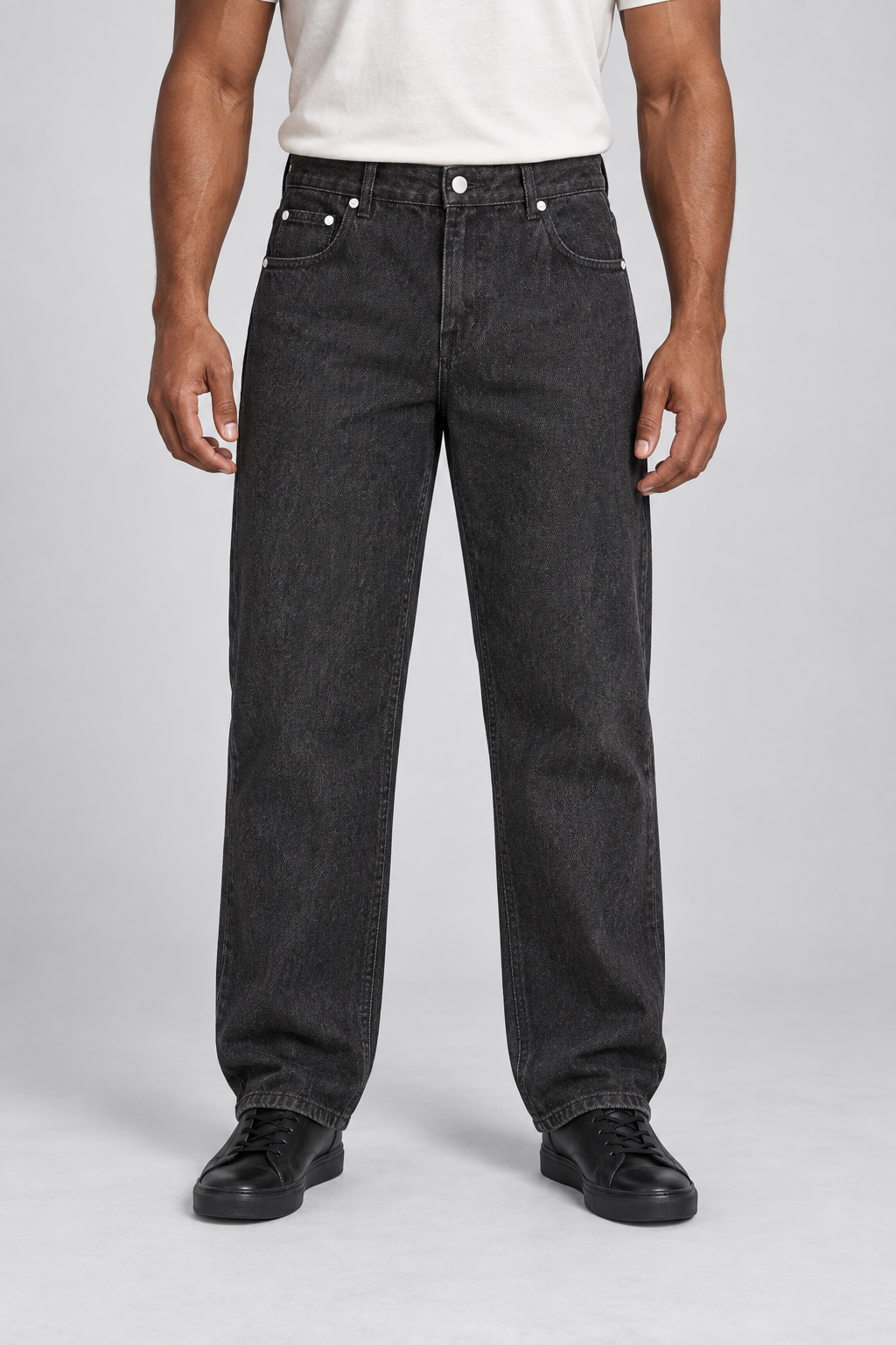 Front studio view of Still Rhythm Straight Jeans in Black, showing the washed straight leg and five-pocket styling.