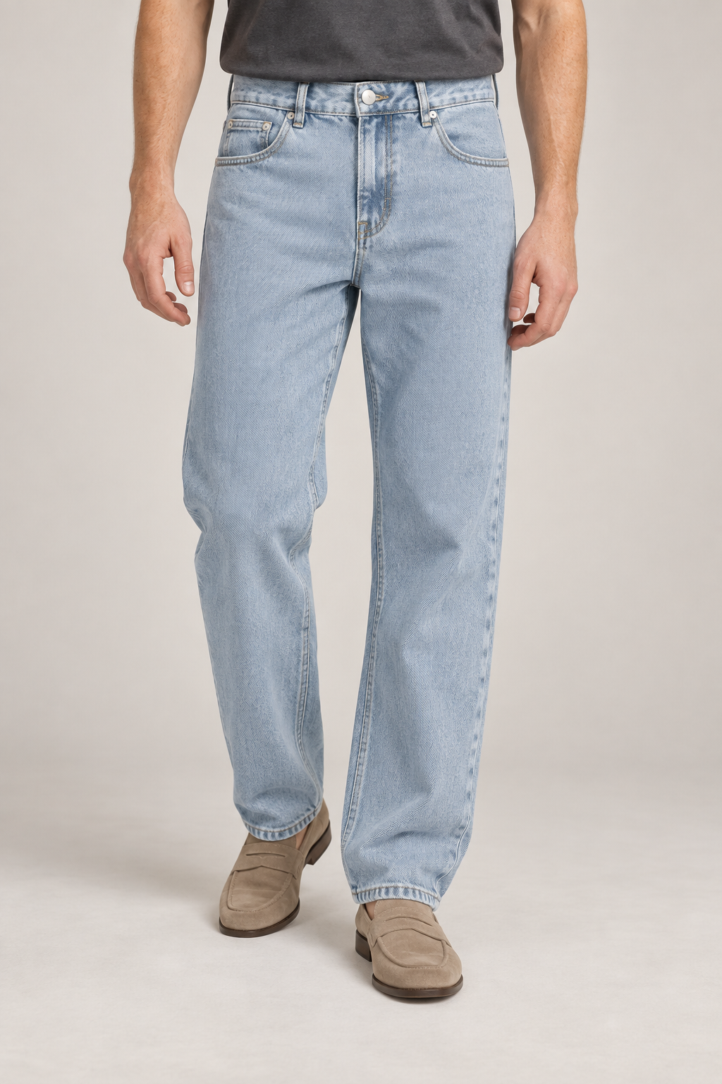 Front studio view of Still Rhythm Straight Jeans in Blue, showing the washed straight leg and five-pocket styling.