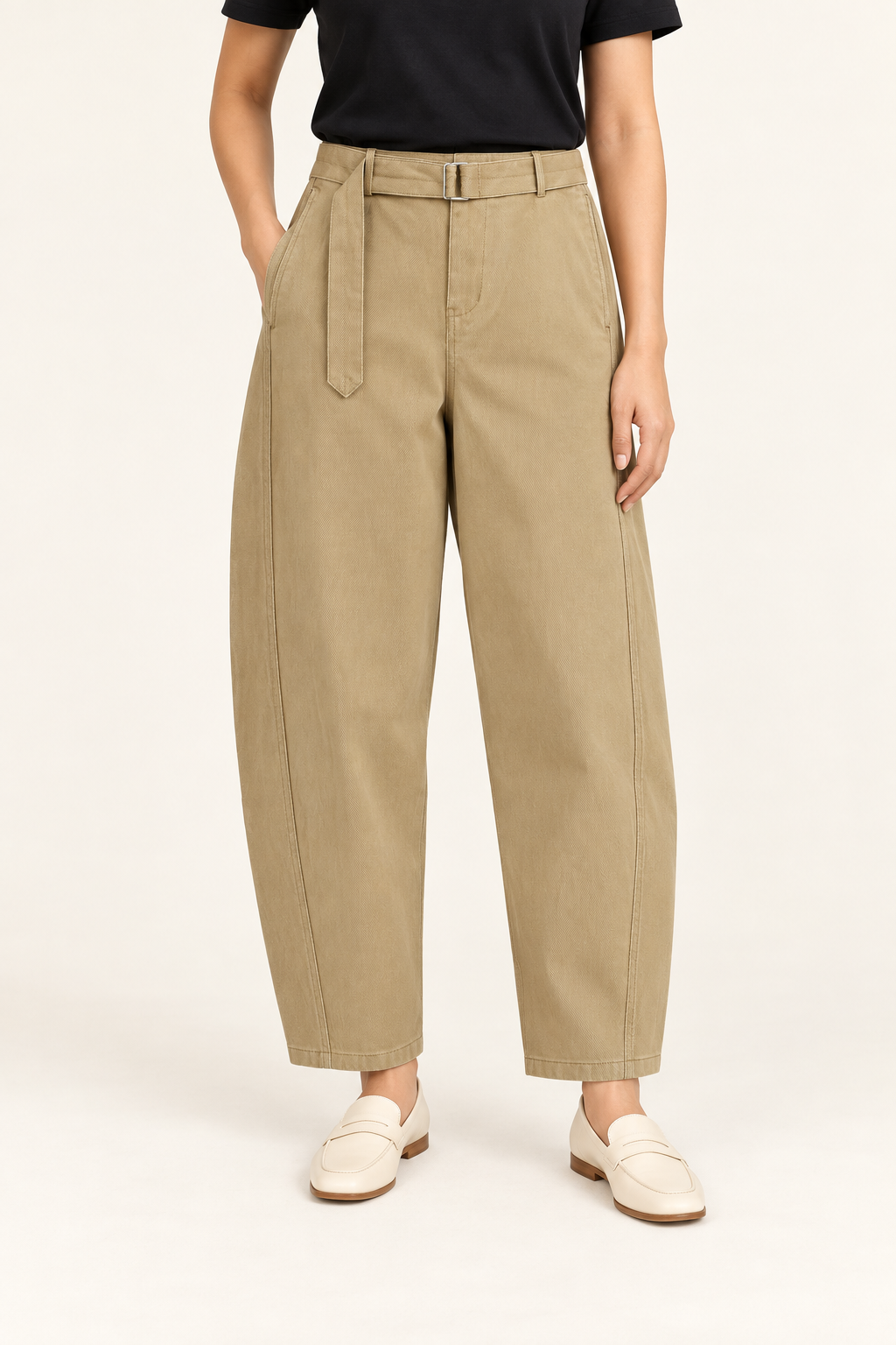 Front studio view of Soft Arc Belted Chinos in Khaki, showing the matching belt and curved leg seams.