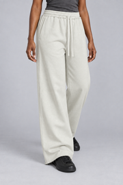 Three-quarter view of Soft Pause Wide Leg Sweatpants in White Gray, showing side pockets and the relaxed drape.