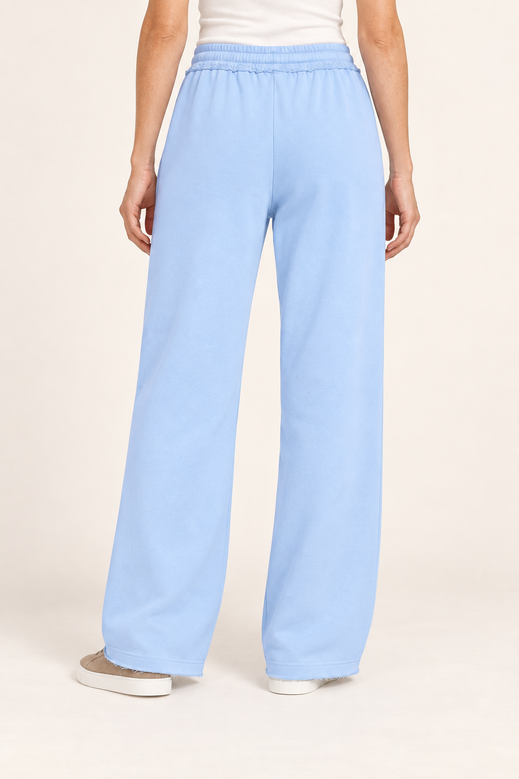 Rear view of Soft Pause Wide Leg Sweatpants in Sky Blue, showing the plain back and wide straight legs.