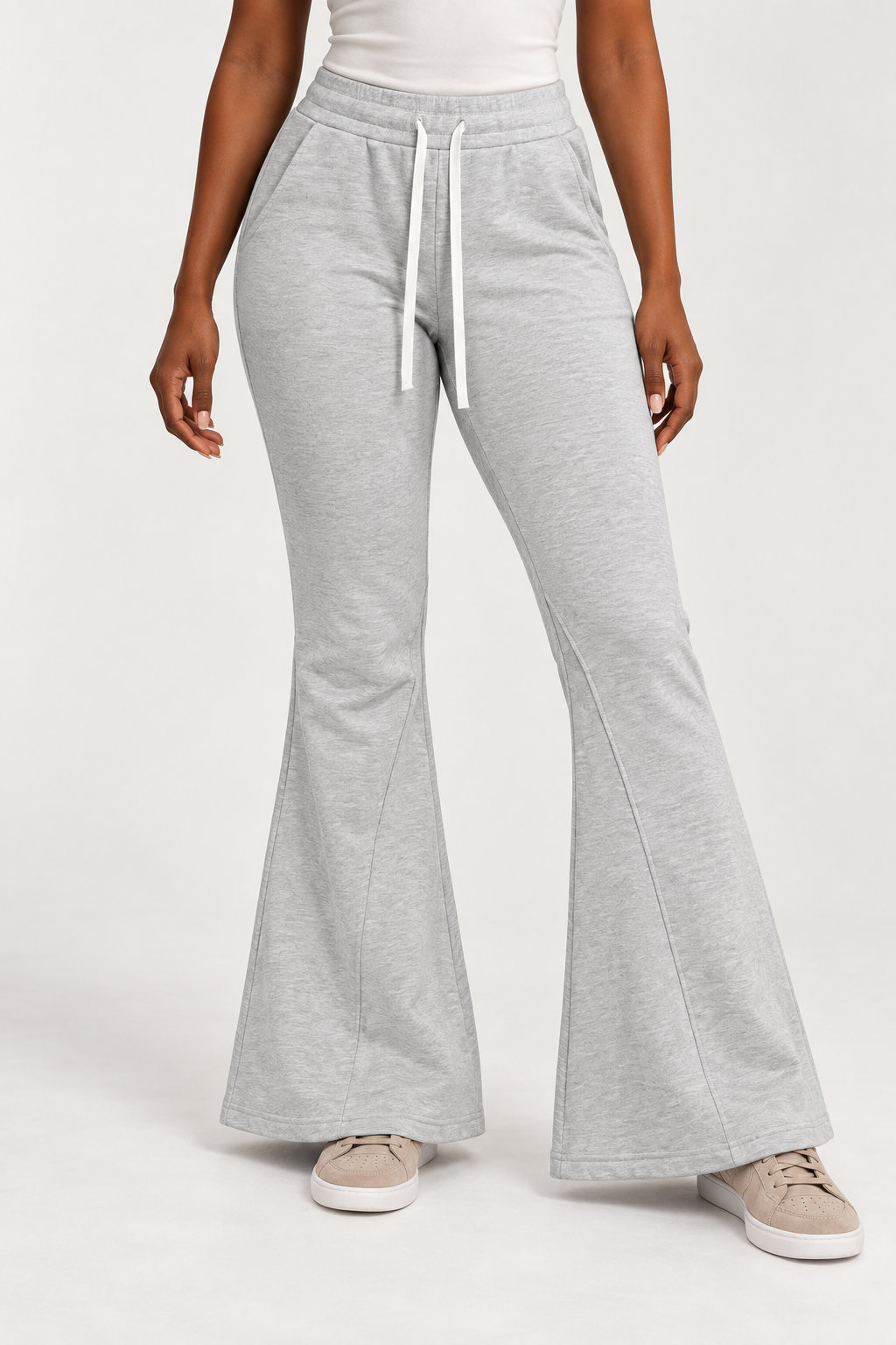 Front view of Quiet Bell Flared Sweatpants in Flower Gray, showing the white drawstring and shaped flared legs.