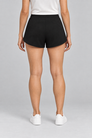 Rear view of Soft Circuit Drawstring Shorts in Black, showing the curved panel seam and plain finish.