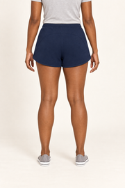 Rear view of Soft Circuit Drawstring Shorts in Navy Blue, showing the curved panel seam and plain finish.