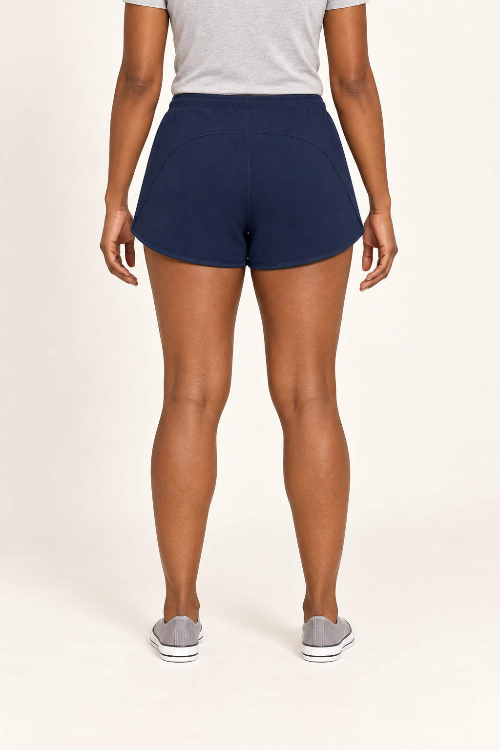 Rear view of Soft Circuit Drawstring Shorts in Navy Blue, showing the curved panel seam and plain finish.