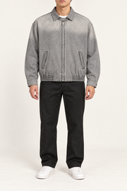 Front view of Silver Hour Zip Denim Jacket in Light Gray showing the collar, silver zip and welt pockets.