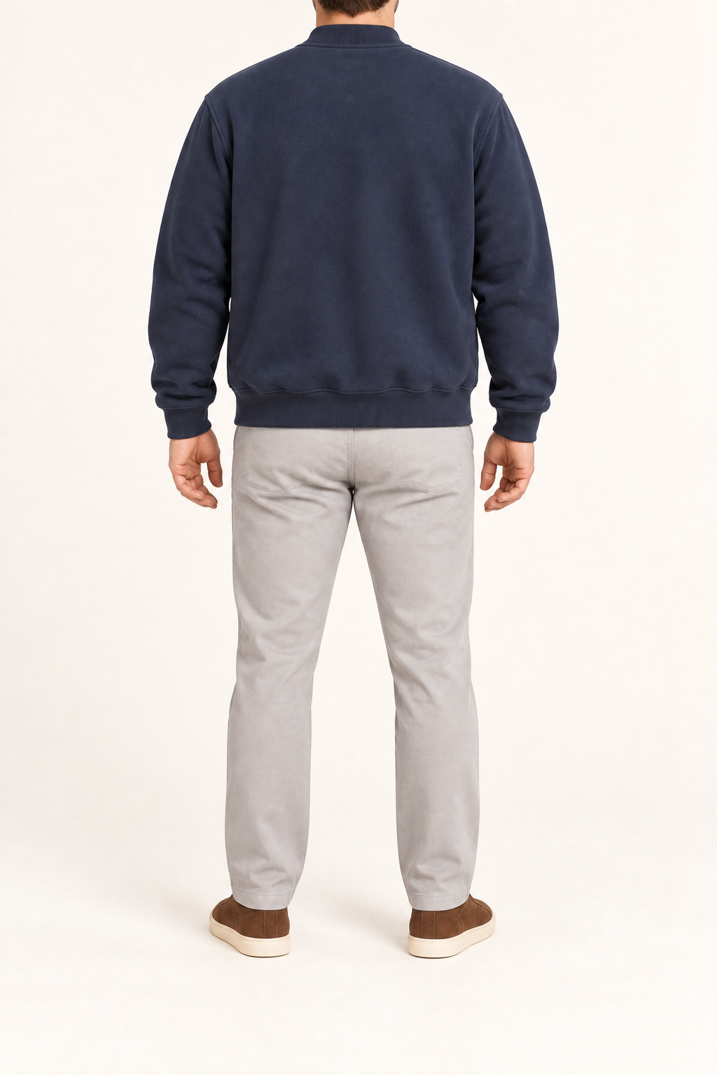 Rear view of Campus Still Fleece Varsity Jacket in Navy showing the plain fleece back and ribbed hem.