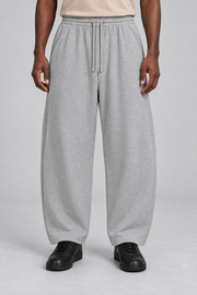 Front view of Soft Grid Waffle Barrel Pants in Flower Gray showing the fine knit texture and drawstring waist.