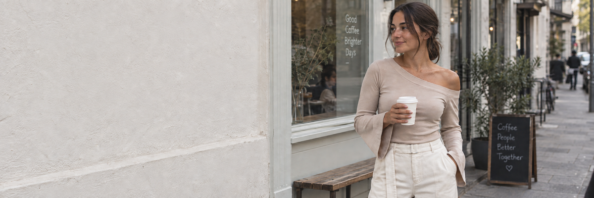 Woman in a beige top and cream trousers