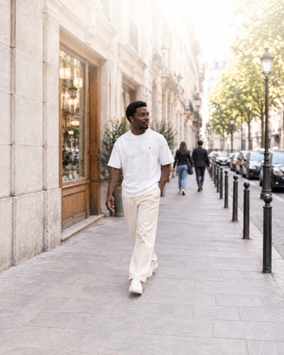 Man in a white shirt and cream trousers