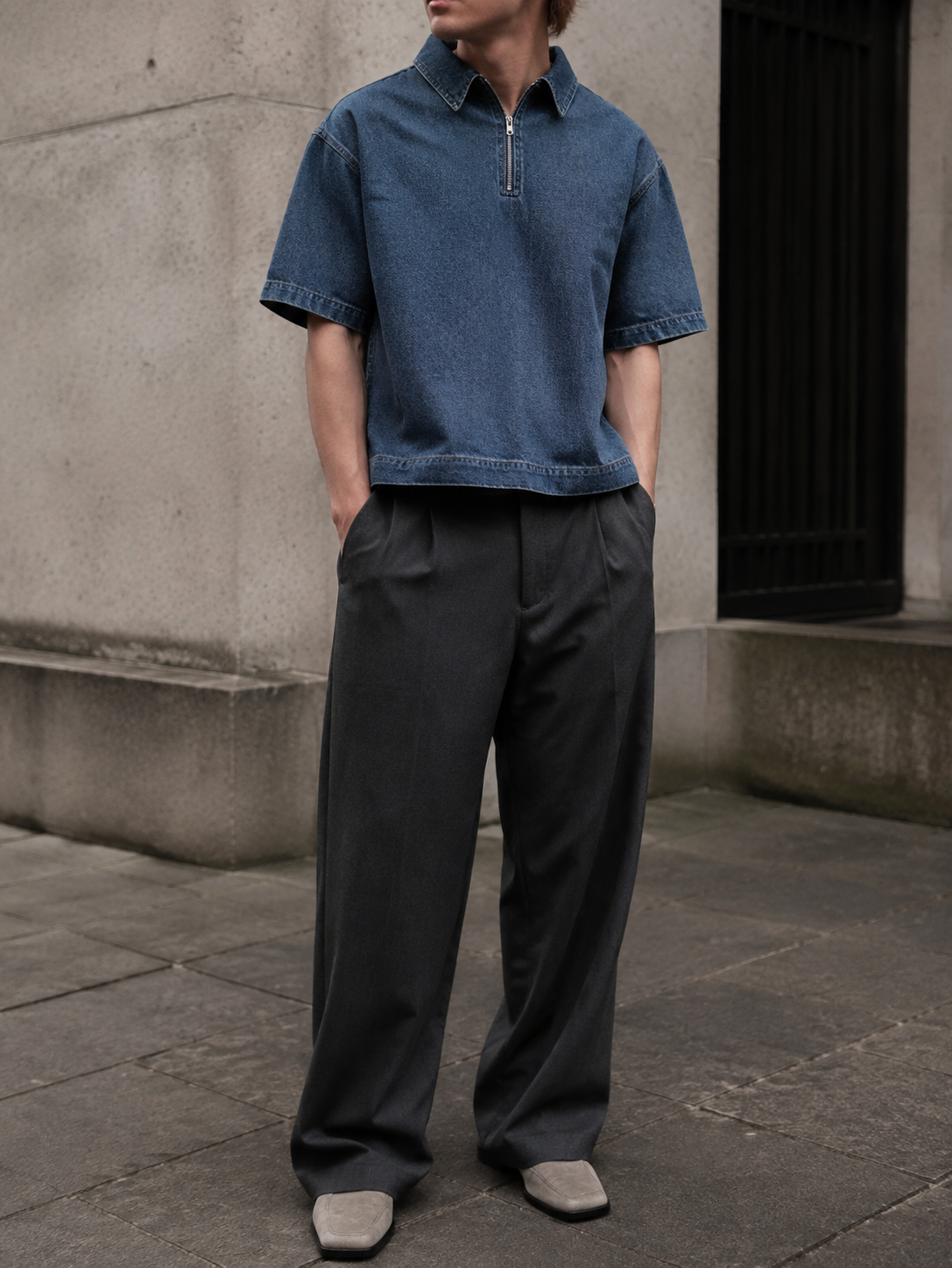 Backroad Denim Shirt in Jeans Blue front editorial view