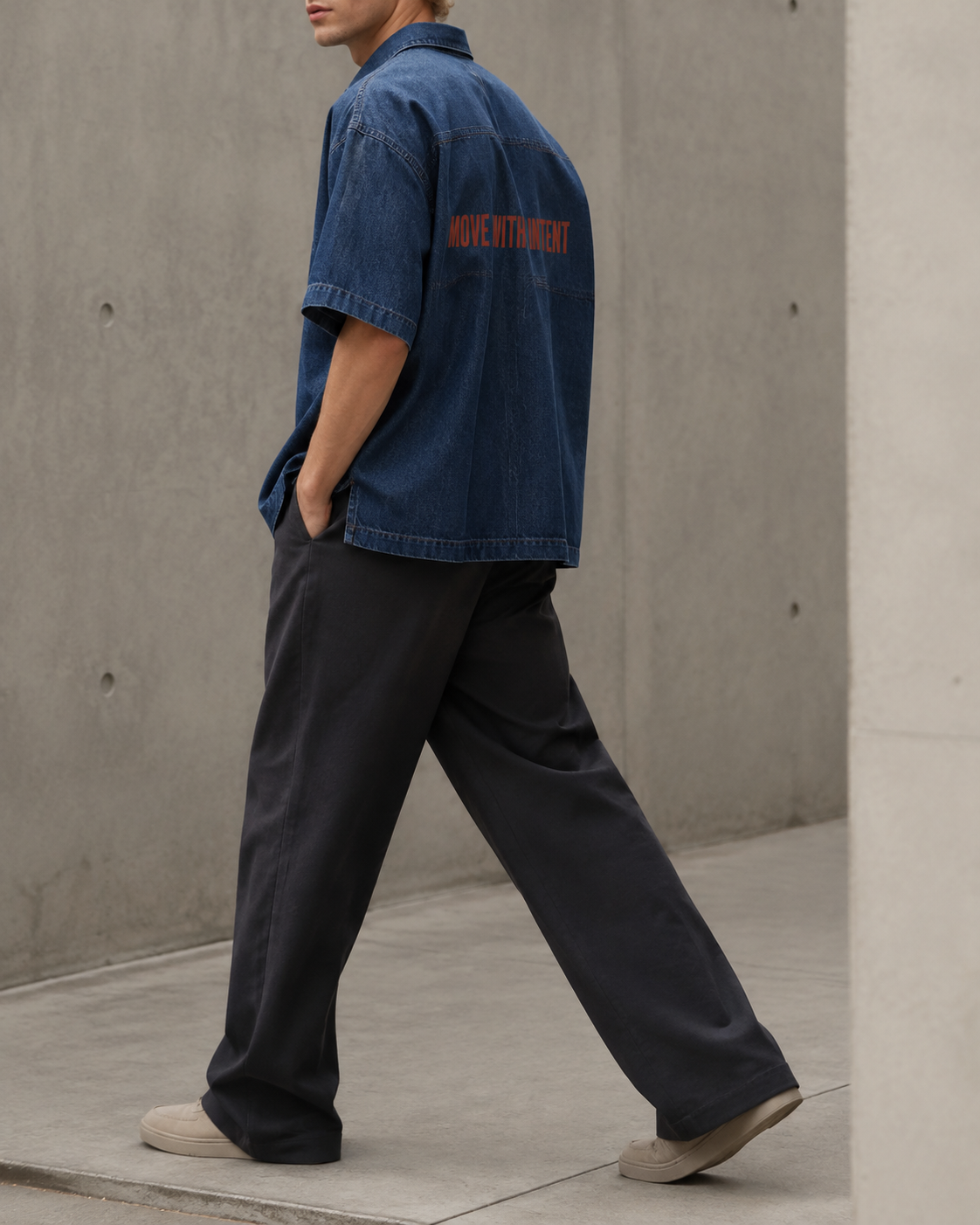 Backroad Denim Shirt in Jeans Blue walking view