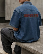 Backroad Denim Shirt in Jeans Blue seated back view