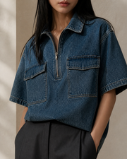 Blue Route Denim Shirt in Jeans Blue back view