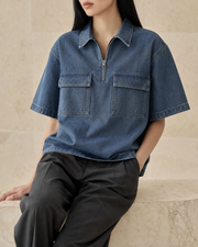 Blue Route Denim Shirt in Jeans Blue side view