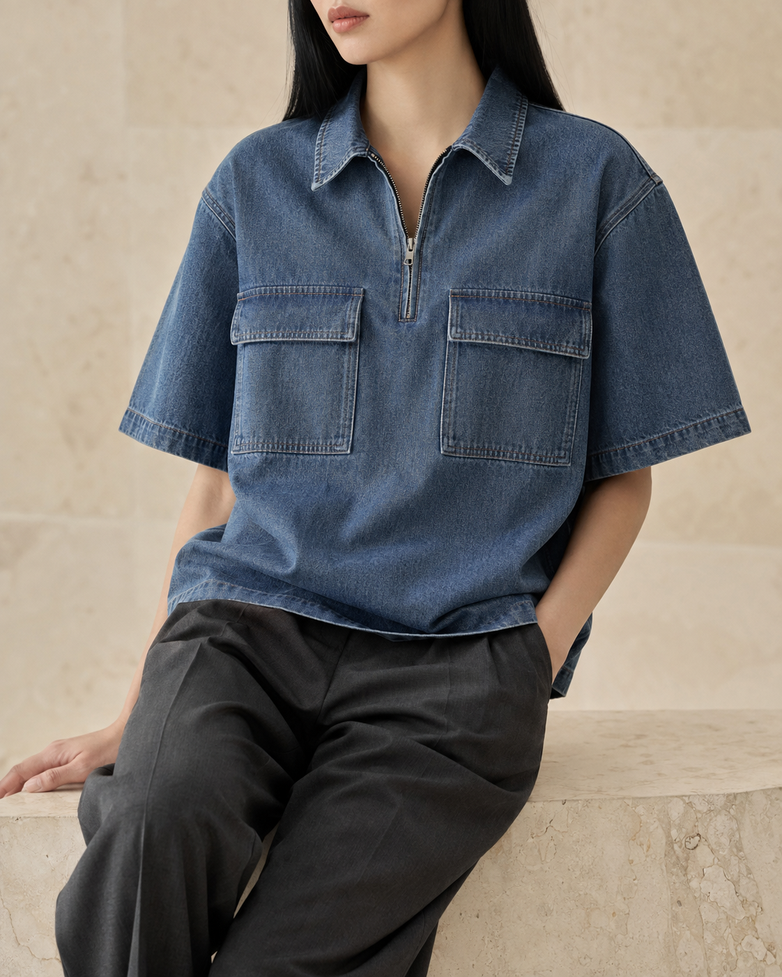Blue Route Denim Shirt in Jeans Blue side view